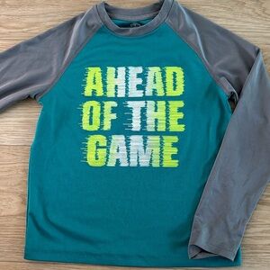 Teal, grey and green performance active long sleeve.